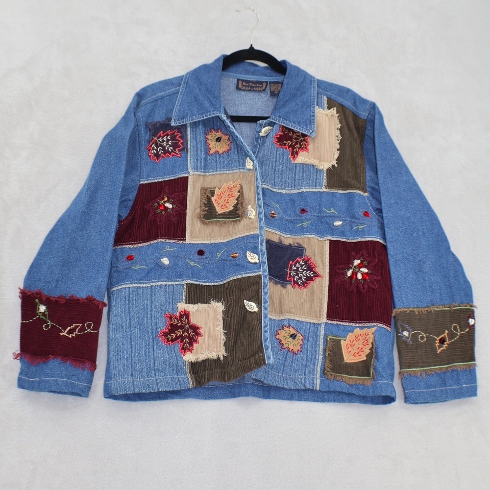 New Direction Womens Patchwork Denim Jacket Blue Embroidered Fall Leaf Medium